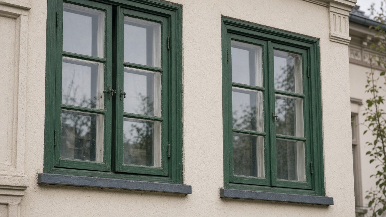 Grüne Holzfenster mit Sprossen an einer Putzfassade in Freiburg im Breisgau
